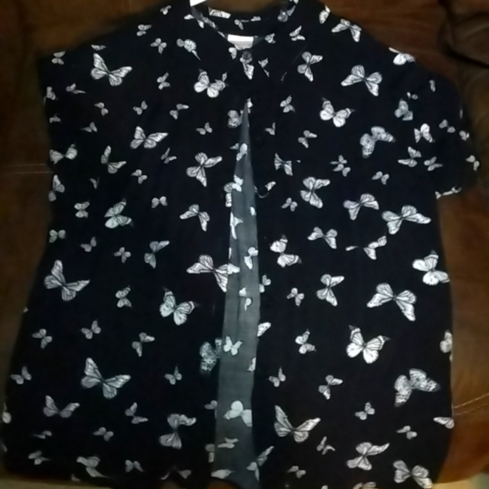 Cute black and white button down shirt with butterflies